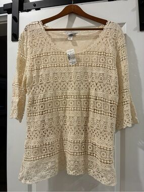 Sundance Large Cream Crochet Lace Scoop Neck Top